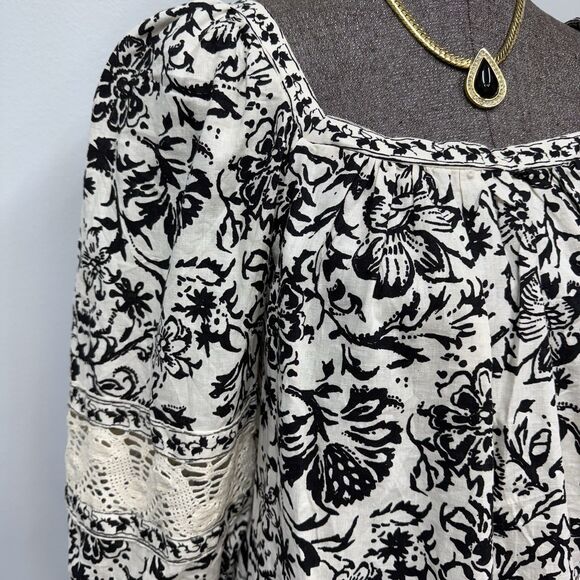 Christian Siriano Boho Peasant Top Size XL Linen Blend Black Floral Crochet Lace - Picture 4 of 12